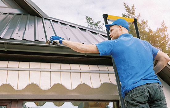 торговец ремонтирует крышу дома с стремянка телескопическая алюминиевая